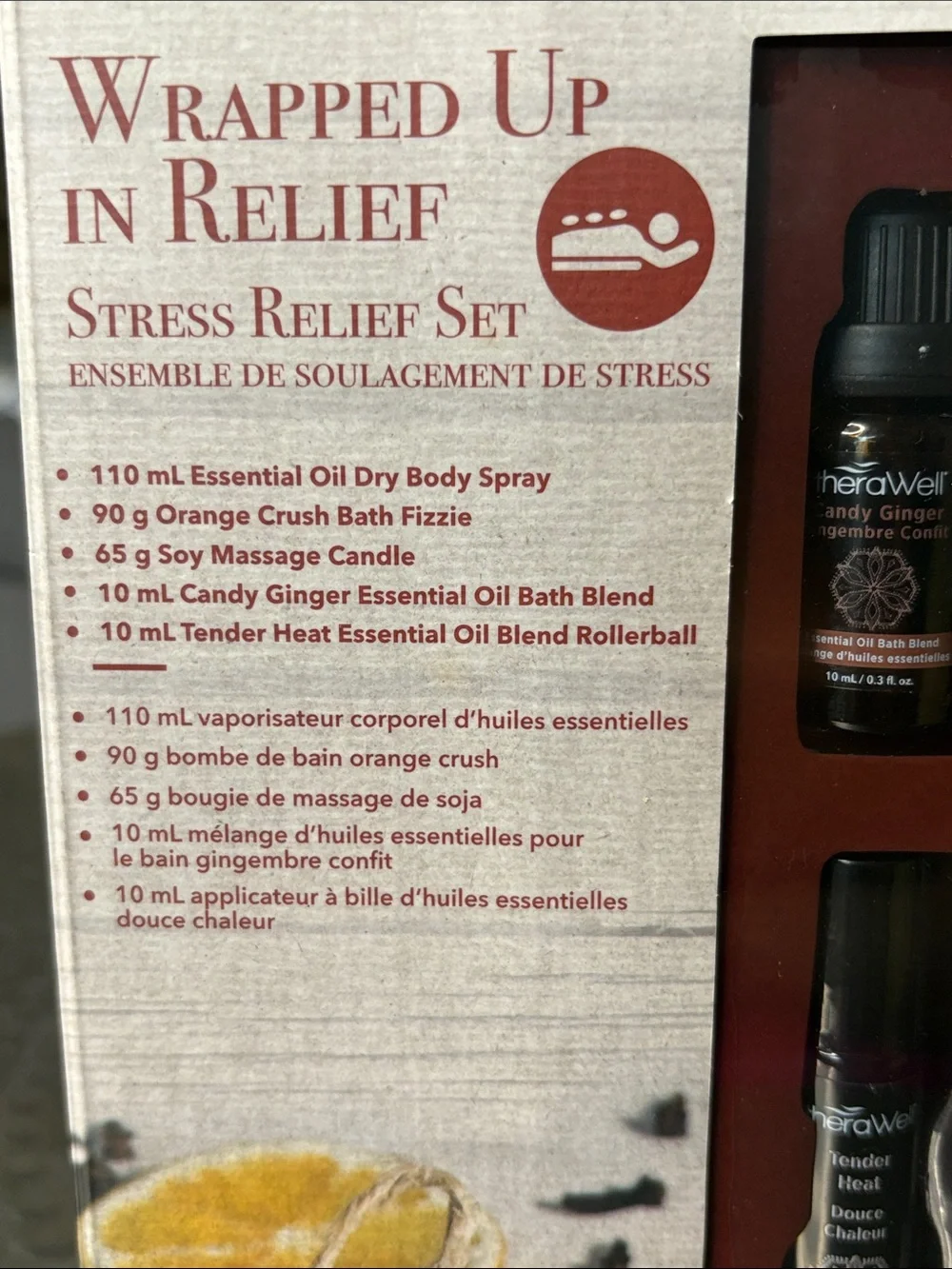 NWT theraWell Stress Relief Gift Set Essential Oil Bath Bomb & Body Candle